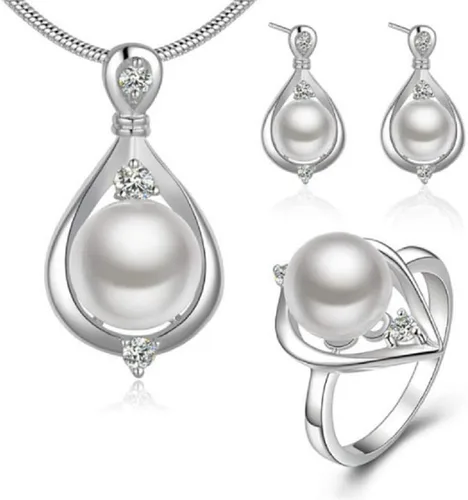 Vista 2 de Conjunto de joyas de plata esterlina 925 de moda para mujer con cristal y simulación de perlas de anillo de pendientes collar de joyería con cristal