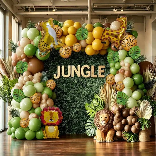 Vista 8 de Kit de guirnalda de arco de globos de safari de selva, verde salvia, marrón, amarillo, estampado animal, hojas de palma, para Wild One, safari, baby