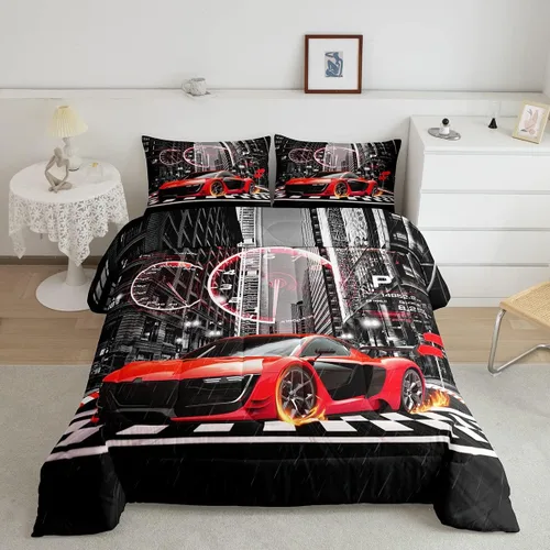 Vista 37 de Feelyou Juego de edredón azul de carreras para niños, juego de ropa de cama de coche deportivo para niños y niños, edredón deportivo geométrico a