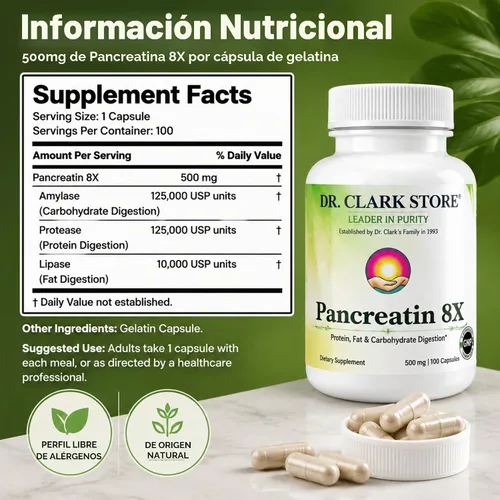Vista 9 de Dr Clark Store Pancreatin 8X Suplemento enzimático 500 mg, 100 cápsulas