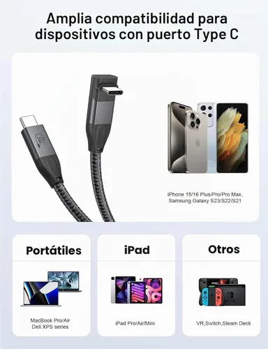 Vista 4 de XAOSUN Cable USB C Corto de Ángulo Recto, Cable USB C a USB C de 240 W 1.6 pies, Cable USB C 3.2 de 90 Grados 20 Gbps Datos Vídeo 4K Cable de Carga