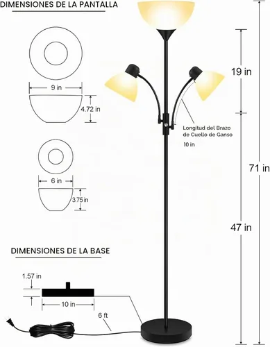 Vista 6 de Lámpara de pie negra, lámpara de pie, lámparas de pie de 71 pulgadas de alto para sala de estar, interruptor de 3 vías, pantalla de lámpara