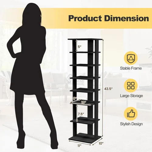 Vista 3 de COSTWAY Zapatero vertical de 8 niveles, organizador de almacenamiento de zapatos alto y estrecho con estante extraíble para botas, kit antivuelcos