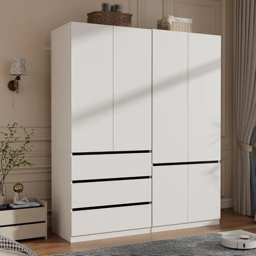 Vista 7 de Armario Ropero Closet con Cajones: Armario Grande Blanco de 75" con 2 Puertas para Colgar Ropa, Armarios de Madera Modernos para Dormitorio con 2