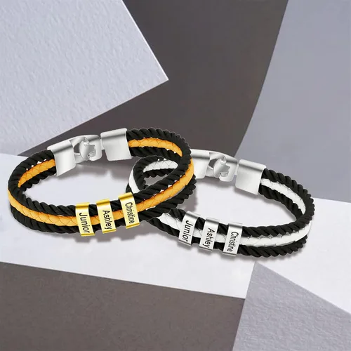 Vista 42 de Pulseras de cuero personalizadas para hombre con 1-6 nombres, pulsera trenzada personalizada con cuentas para papá, marido, día del padre, San