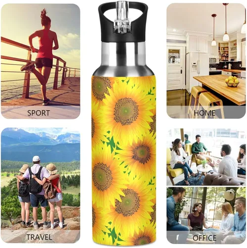 Vista 5 de BPA-Free Sports Water Bottle with Straw 32 Oz, Stainless Steel Water Bottle for Gym Outdoor Travel School, Vibrant Sunflowers Bright Yellow