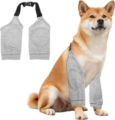 Vista 6 de Mangas para patas de perro, traje de recuperación para patas delanteras para mascotas, codo protector (L, negro, poliéster), para recuperación
