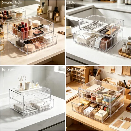 Vista 5 de SANRUI Clear Acrylic Drawer Organizer, Desk Organizer with 2 Drawers Thick solid acrylic, non-slip pads, fully assembled, for office vanity