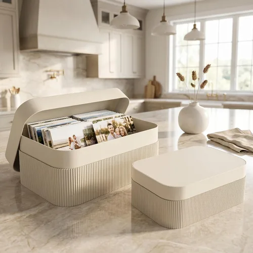 Vista 2 de Cajas de almacenamiento decorativas con tapas: juego de 2 hermosos cubos organizadores de cartón acanalado para la decoración de estanterías de tu