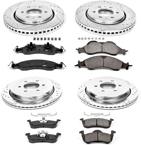 Vista 2 de Power Stop K4109 Pastillas de freno delanteras y traseras Z23 de fibra de carbono con rotores de freno perforados y ranurados para Ford Expedition