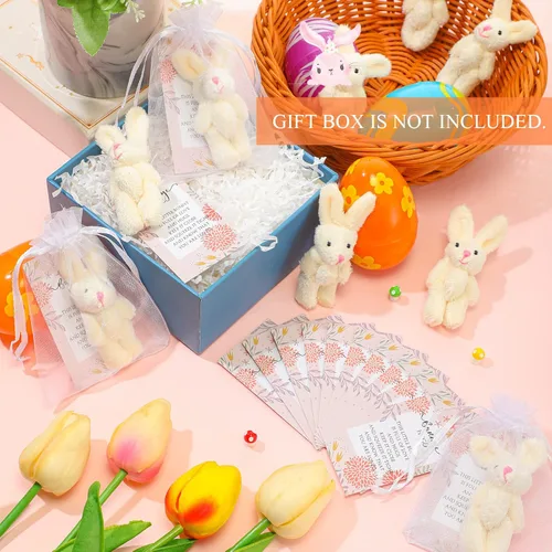 Vista 4 de Fuutreo 24 juegos de conejito de peluche para decoración de regalo, mini conejito de peluche con tarjetas de abrazo de agradecimiento, bolsas