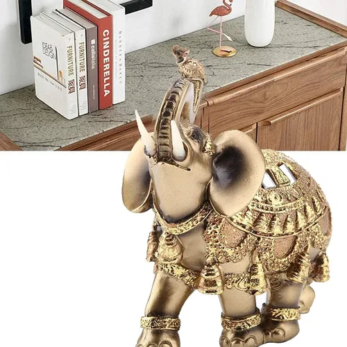Vista 2 de Estatua de elefante de poliresina dorada, escultura, tronco, riqueza, figurita coleccionable, regalo, decoración del hogar, adorno de Feng Shui
