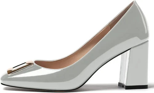 Vista 2 de WAYDERNS Zapatos de tacón alto con hebilla de metal dorada para mujer, con puntera cuadrada, de 3 pulgadas, Oro
