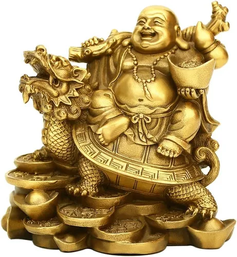 Vista 8 de BRASSTAR 3.3 "(H) Ruyi Buda riendo y tortuga riqueza buena fortuna salud Buda estatua para decoración de oficina en casa TQZDPT72