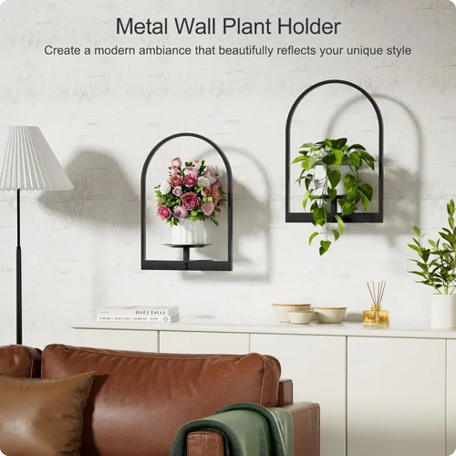 Vista 4 de Soporte para plantas de pared de metal negro, paquete de 2 soportes para plantas montados en la pared y soportes colgantes para macetas