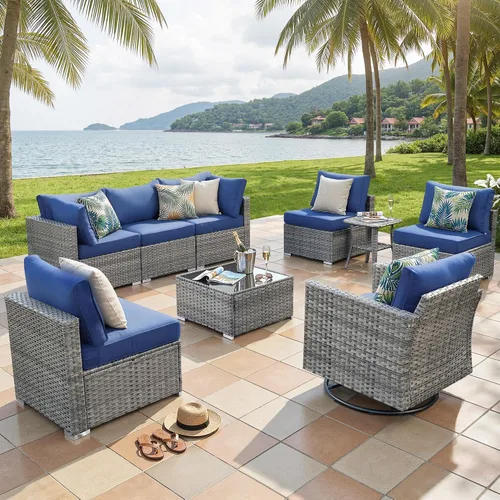 Vista 49 de ovios Juego de muebles de patio al aire libre de 5 piezas con mesa de café, conjunto seccional de muebles de patio con sofá de mimbre para todo tipo