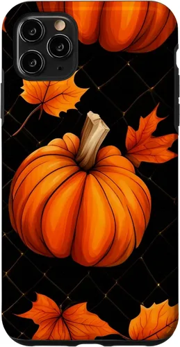 Vista 11 de iPhone 14 calabazas negro y naranja cuadros otoño hojas otoño Halloween caso