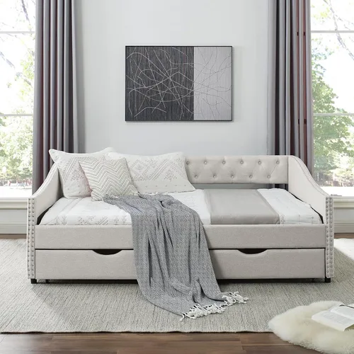 Vista 6 de Base de cama tamaño matrimonial de madera, base de cama diurna con 2 cajones de almacenamiento, sofá cama tapizada de tamaño matrimonial con diseño