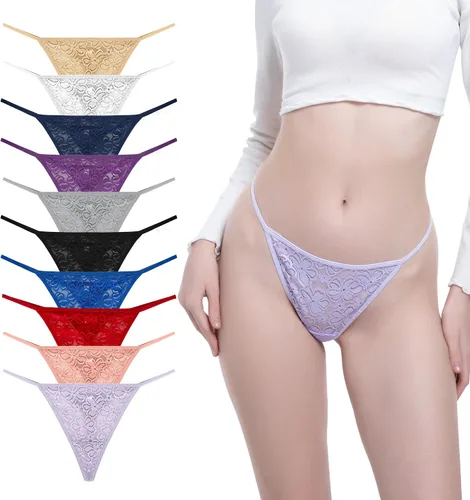 Vista 6 de T Back Sexy Low Rise Elástico Invisible Patrones Encaje Algodón Mujeres Tangas Pack Tangas de cinturón de 10