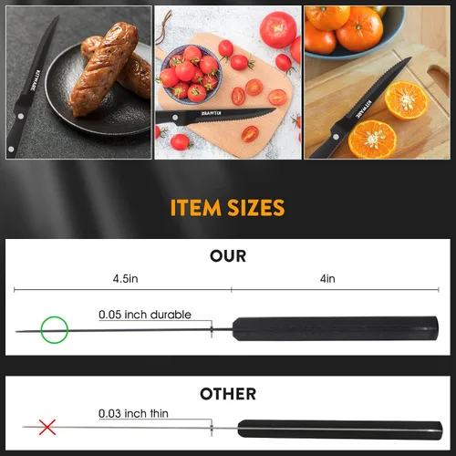 Vista 3 de Juego de 6 cuchillos negros para carne, juegos de carne afilados y dentados con caja de regalo, cubertería de mesa de acero inoxidable de 4.5