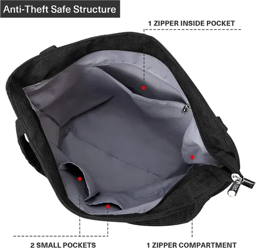 Vista 6 de KALIDI Bolso de mano de pana para mujer, bolso de hombro grande con bolsillo con cremallera, bolso Hobo casual de gran capacidad, bolsa de trabajo