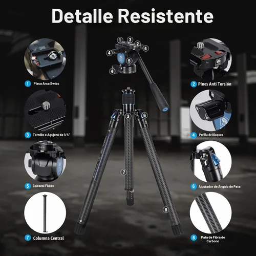 Vista 2 de SIRUI Trípode de fibra de carbono ligero de 2 libras con cabezal fluido panorámico, trípode de cámara compacto de 59.8 pulgadas, configuración