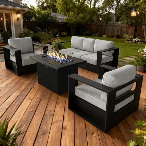 Vista 46 de LayinSun - Juego de muebles de exterior de aluminio de gran tamaño de 5 piezas con mesa auxiliar Negro/Gris oscuro