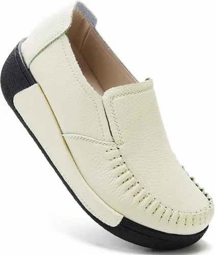 Vista 13 de UZB Mocasines de cuero sin cordones para mujer, cómodos zapatos de plataforma casuales