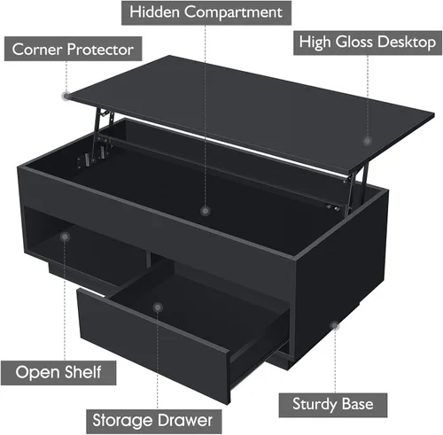 Vista 8 de HOMMPA - Mesa de café con tapa elevable de 40" con almacenamiento, mesa de centro LED moderna de alto brillo para sala de estar, mesa de té moderna