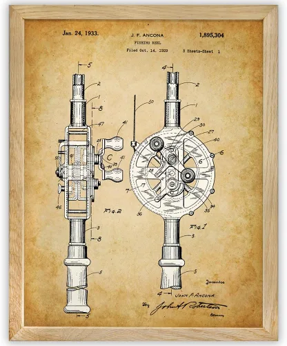 Vista 10 de Fishing Rod and Reel Patent Print - Great for Lake House Decor, Cabin and Beach Man Cave Sign, Fishing Wall Decor, Classic Gifts for Fisherman