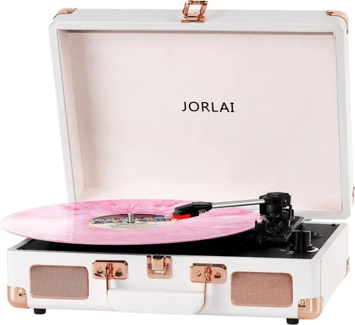 Vista 7 de Reproductor de discos de vinilo rosa de 3 velocidades portátil en maleta con altavoces duales integrados, gramófono Bluetooth con batería
