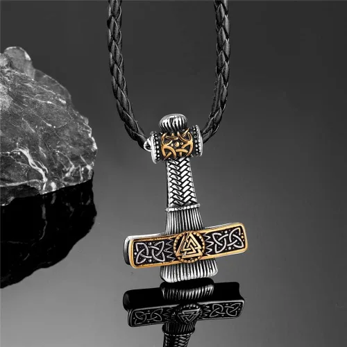 Vista 3 de Collares de martillo de vikingos nórdicos para hombre mezcla de acero inoxidable runa nórdica dorada eslava vegvisir Mjolnir amuleto colgante