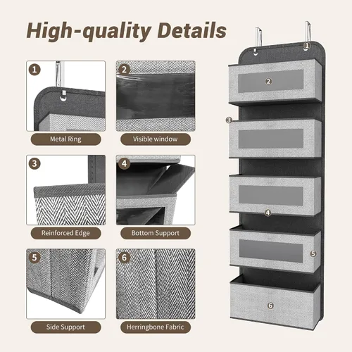 Vista 4 de Organizador estrecho sobre la puerta, 5 bolsillos grandes, almacenamiento de tela, 12 pulgadas de ancho With Metal Hooks, Clear Window for quick