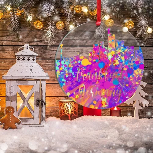 Vista 5 de Alemania Frankfurt Skyline Adorno de Navidad 2022 Alemania Frankfurt, arte de acuarela, adornos de Navidad para niños, colorido paisaje de ciudad