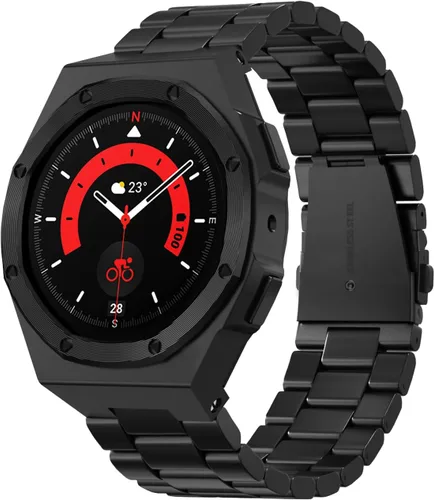 Vista 8 de Funda de lujo con correa diseñada para Samsung Galaxy Watch 6/5/4 de 1.732 pulgadas, resistente funda protectora militar de metal con correa táctica