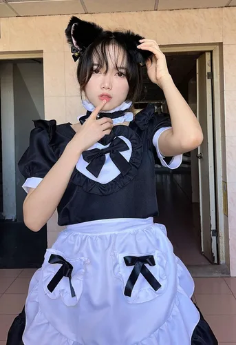 Vista 4 de Elibelle Disfraz de anime japonés clásico Sissy Maid Sweet Kawaii de corazón para cosplay, guantes peludos con orejas de gato