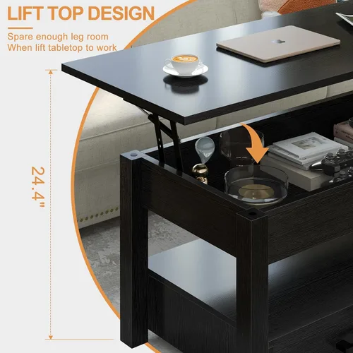 Vista 2 de FABATO Mesa auxiliar elevable de 41.7 pulgadas con 2 cajones de almacenamiento con compartimento oculto, estante de almacenamiento abierto para sala