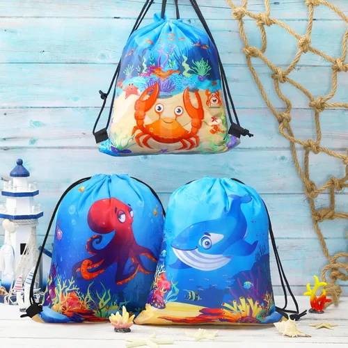 Vista 7 de Sanwuta 18 bolsas de recuerdo de fiesta bajo el mar, bolsas de regalo del océano, bolsas con cordón para regalo de playa, animales marinos, dulces
