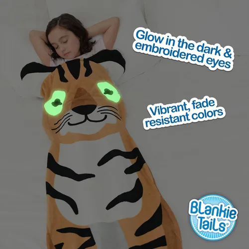 Vista 5 de Blankie Tails Manta de tigre portátil para niños, de doble cara, suave, manta de animal de forro polar, uso para fiestas de pijamas, ropa de cama