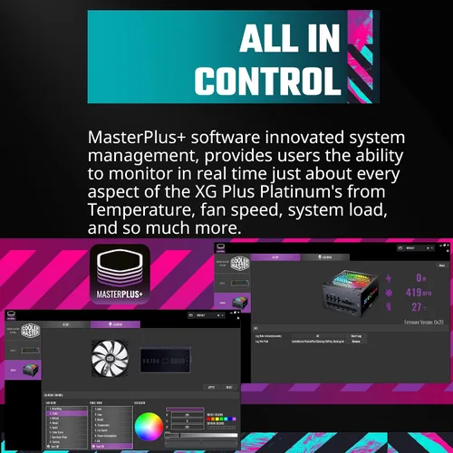Vista 4 de Cooler Master XG650 Plus Platinum ARGB totalmente modular, 650W, panel de visualización de información incorporado, ventilador silencioso ARGB 5.315