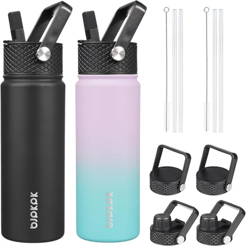 Vista 16 de BJPKPK Paquete de 2 botellas de agua aisladas con tapas con pajita, botella de agua de metal de acero inoxidable de 18oz con 6 tapas, jarras a