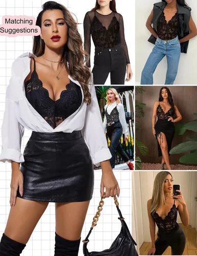 Vista 5 de Avidlove - Body de encaje sexy, lencería de una pieza para mujer, con escote en V profundo
