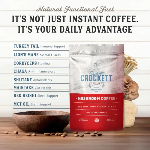 Vista 4 de Crockett Coffee Café orgánico de hongos con aceite MCT, mezcla funcional rica en antioxidantes de 7 hongos orgánicos para un enfoque claro, salud