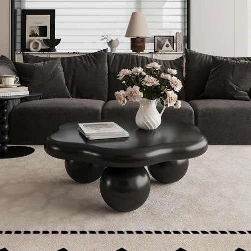 Vista 3 de Mesa de centro moderna de 35 pulgadas, con forma de pétalo, mesa de centro baja, linda mesa de té irregular para interiores con 3 patas de bola