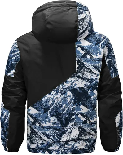 Vista 4 de FTIMILD Chaqueta de esquí impermeable para hombre de invierno, forro polar de alta visibilidad con capucha acolchada y diseño de patchwork
