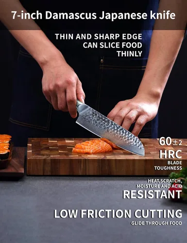 Vista 2 de Cuchillo Santoku de 7" - Cuchillo de chef japonés - Acero de Damasco martillado y mango de resina - Serie YAO