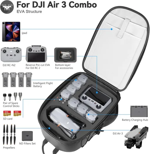 Vista 2 de Smatree Mochila profesional para DJI Air 3, funda rígida impermeable para DJI Air 3 Fly More Combo/RC 2 y accesorios