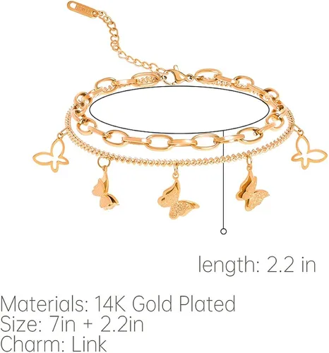 Vista 3 de Layered Gold Bracelets for Women Aimou 14K Gold Plate Dainty Paperclip Filled Adjustable Bracelets Love Heart Pendant Butterfly Pendant Charm Girls