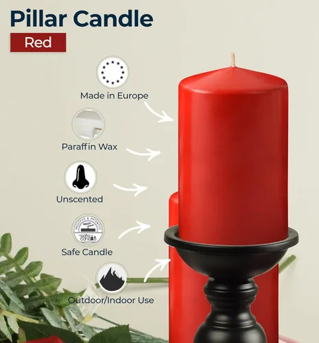 Vista 2 de HYOOLA Velas de pilar rojo de 2 x 3 pulgadas, paquete de 12 velas de pilar a granel sin perfume, hechas en Europa