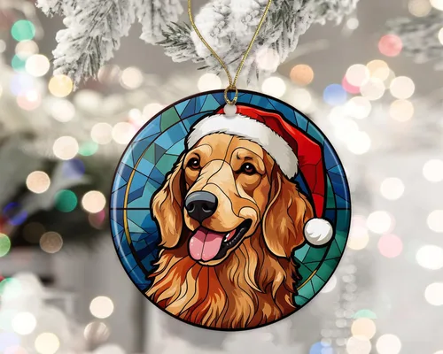 Vista 2 de Golden Retriever - Adorno de cerámica de vitral de Navidad, adorno colgante para árbol de Navidad, adorno de vitral de perro, adorno religioso